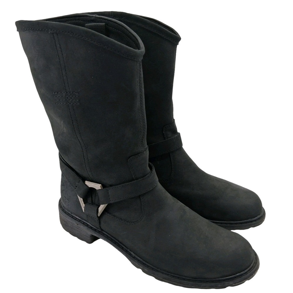 Timberland Boots Womens Size 9.5 Black Leather Harness Biker Mid Calf 8604A